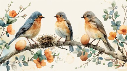 Obraz premium A harmonious watercolor pattern featuring various birds perched on branches with nests and eggs, painted in gentle watercolors, arranged in a seamless design with soft gradients and intricate details,