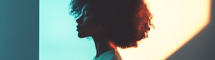 Obraz premium Silhouette of a woman with natural curly hair, set against vibrant blue and orange backgrounds, capturing beauty and confidence.