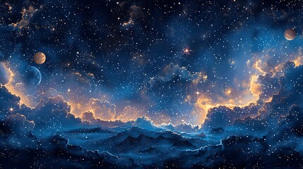 Naklejka premium A harmonious watercolor pattern of a galaxy, featuring a night sky filled with twinkling stars, glowing planets, and wispy nebulas in rich blues and purples, creating a seamless and celestial design w