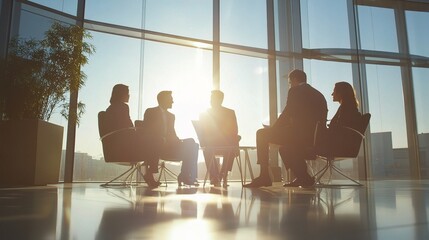 Strategic Sunrise Meeting: Silhouetted business team gathers in sunlit office for collaborative discussion