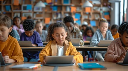 Modern Classroom: Diverse Students Using Tablets and Laptops for Cloud-Based Educational Activities
