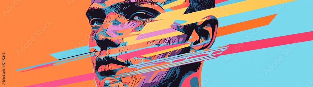 Poster vibrant abstract art featuring a stylized portrait with bold colors and dynamic lines representing c