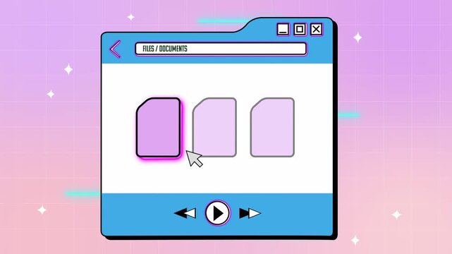 Retro vapor wave intro with green screen in old desktop computer file opening. Pink background