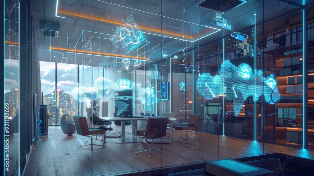 Aufkleber futuristic office with ai-driven cloud storage and holographic data visualization