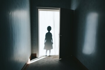 Fototapeta premium Shadow of child standing in open doorway, eerie and mysterious atmosphere in dimly lit room