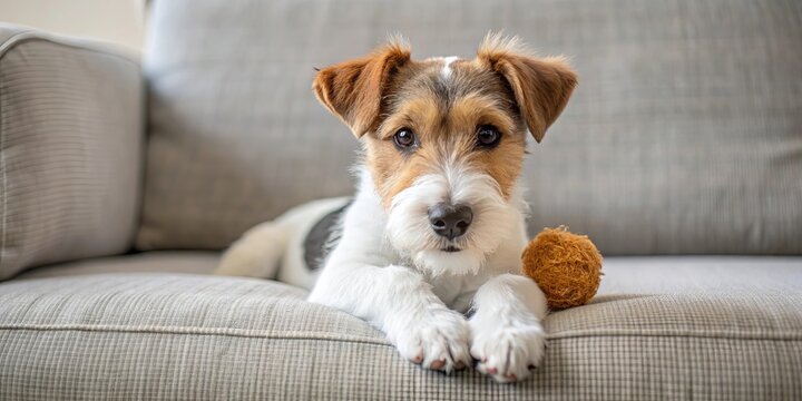 Fox Terrier puppy lying on sofa with toy , Fox Terrier, puppy, lying, sofa, toy, cute, adorable, pet, dog, playful, indoor, home