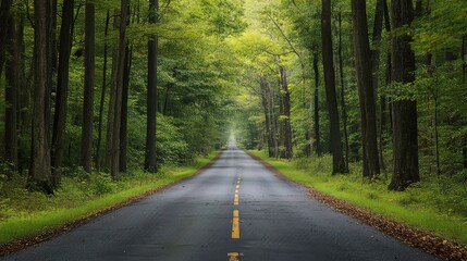 Obraz premium A paved road winds through a dense, verdant forest, disappearing into the distance. The road is lined with tall trees on both sides, their branches reaching up towards the sky.