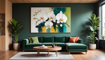 A modern living room with a white sofa, wooden coffee table, and potted plants against a white concrete wall.