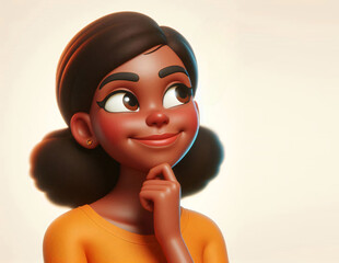 Cartoon character, portrait of young adult black woman in 3D style design on light background. Human people feelings expression concept