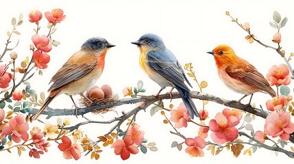 Fototapeta premium A seamless watercolor pattern featuring various birds perched on branches with nests and eggs, painted in soft pastel hues, arranged harmoniously with intricate details and gentle gradients, creating 