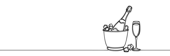 Fototapeta premium continuous line Champagne bottle Wine Bucket Alcoholic drink and glass. one line drawing on white background.
