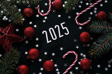 New Year 2025 dark background. Number of the coming year in Christmas decoration.