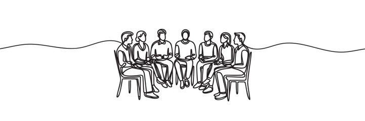 group of people sitting in a circle for a discussion or meeting drawn by one line. Vector illustration.