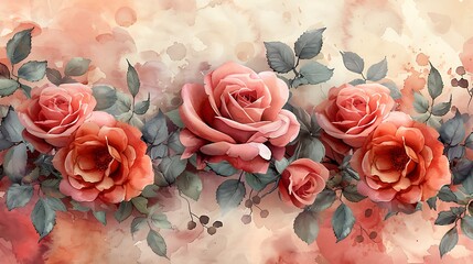 A seamless watercolor pattern featuring vintage roses in soft pinks and reds, with intricate detailing of petals and leaves, arranged harmoniously with gentle gradients and delicate textures, creating