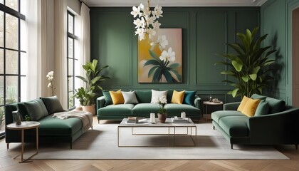 A modern living room with a white sofa, wooden coffee table, and potted plants against a white concrete wall.