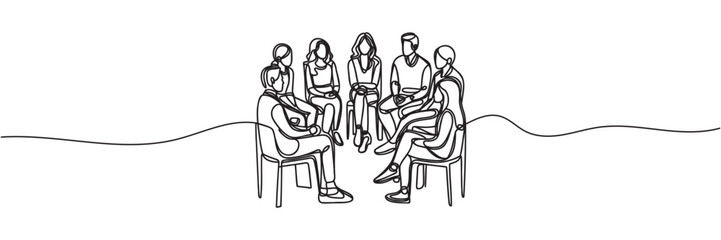group of people sitting in a circle for a discussion or meeting drawn by one line. Vector illustration.