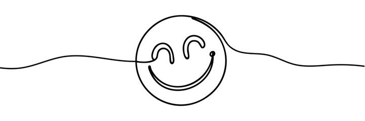 One continuous line art smiling face isolated vector illustration on white background.