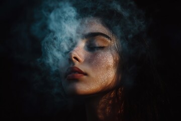 Young woman with closed eyes surrounded by swirling smoke, highlighted by dramatic lighting in a dark atmosphere