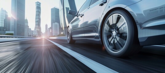 Modern Sedan on City Highway with Unique Tire Tread Pattern for Efficiency and Safety