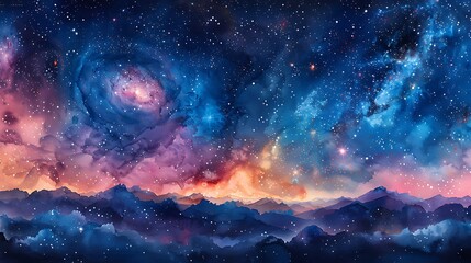 Fototapeta premium A seamless watercolor pattern of a starry night sky, featuring twinkling stars, luminous planets, and ethereal nebulas in vibrant blues and purples, arranged harmoniously with soft gradients and delic