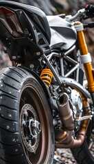 High-Performance Motorcycle with Advanced Suspension Against Rugged Snowy Backdrop