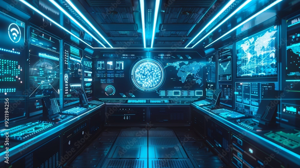 Aufkleber futuristic control center with holographic displays and ai-driven systems for next-gen cloud storage