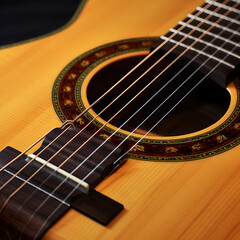 Obraz premium Elegant Classic Guitar Captured in a Closeup View: Reflecting Craftsmanship, Design, and Musical Passion