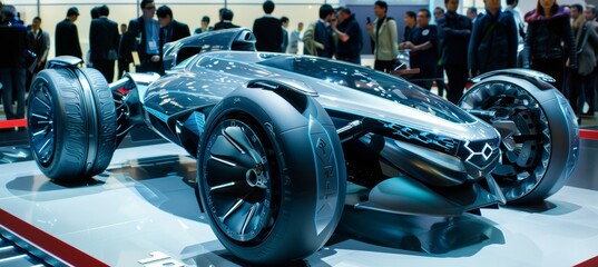 Fototapeta premium Futuristic Concept Car with Innovative Suspension Displayed at Auto Expo Attracting Spectators