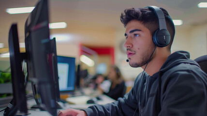 young man working as a call center agent, attentively providing support to customers using a headset and computer