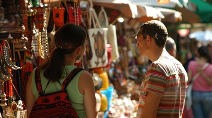 Obraz premium A man and woman are looking at a market