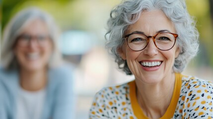 A smiling elderly woman with gray hair and glasses enjoys an outdoor setting with a friend, representing friendship, joy, and the wisdom of age in a vibrant environment.