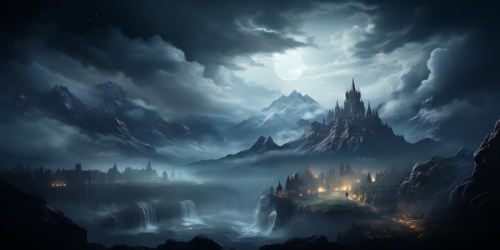 A dark and stormy night with a castle dark night fantasy background AI Generated