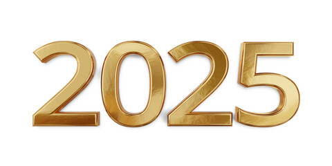 golden year 2025, metallic gold or gold color number in bold letters, slight shadow cast, isolated, flat style as symbol icon background overlay element