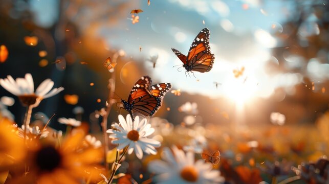 Fototapeta A stunning image of butterflies fluttering among the daisies in a sunlit meadow, against a backdrop of an expansive sky painted in shades of light at either dawn or dusk.