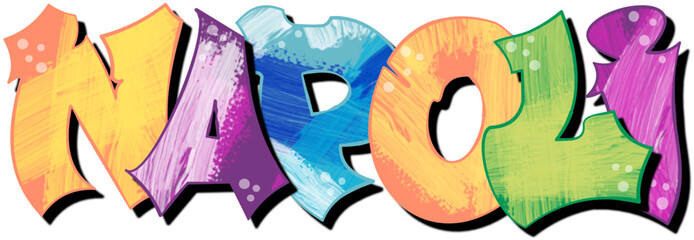 Napoli - city ​​name -word - Vector Graphics - Pink, green, yellow graffiti on the wall - street art - for websites, presentations, greetings, banners, cards, t-shirt, sweatshirt, Sublimation,	