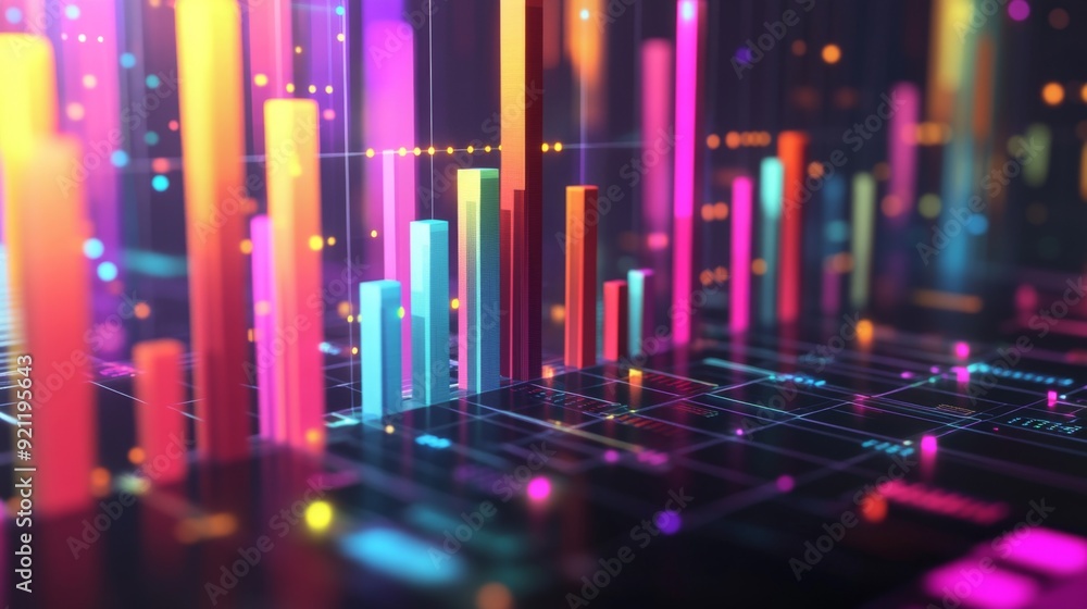 Poster a close-up of a 3d bar graph on a computer screen, with colorful bars rising from a grid and data po
