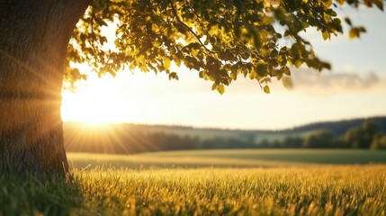 A serene landscape featuring a tree illuminated by the warm glow of the setting sun, with a vast field stretching in the background.