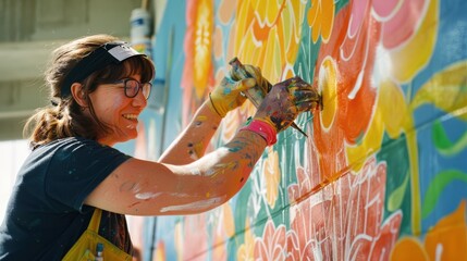 A woman is painting a wall with a flowery design