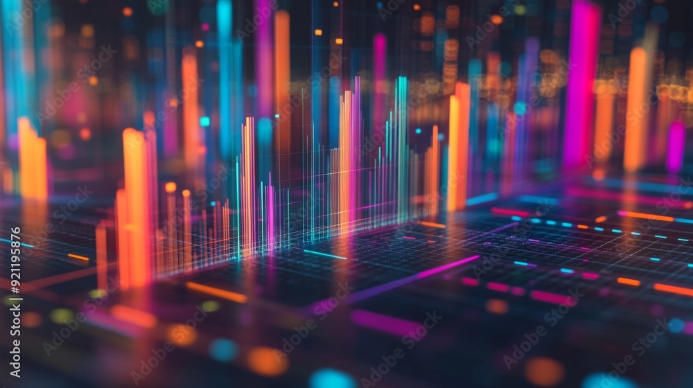 Poster a close-up of a 3d bar graph on a computer screen, with colorful bars rising from a grid and data po