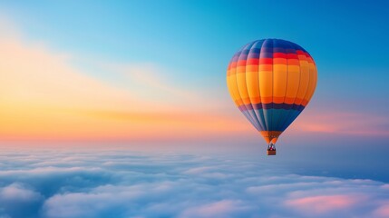Naklejka premium a hot air balloon drifting over clouds at sunset, with the bright blue sky and warm natural light creating a romantic and magical atmosphere.