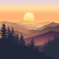Vector landscape, sunset scene in nature with mountains and forest, silhouettes of trees and hills. Beautiful landscape of mountains and wild forest