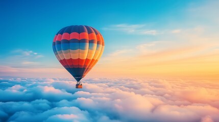 Fototapeta premium a hot air balloon drifting over clouds at sunset, with the bright blue sky and warm natural light creating a romantic and magical atmosphere.