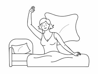continuous single line drawing of woman stretching in bed after waking up, line art vector illustration

