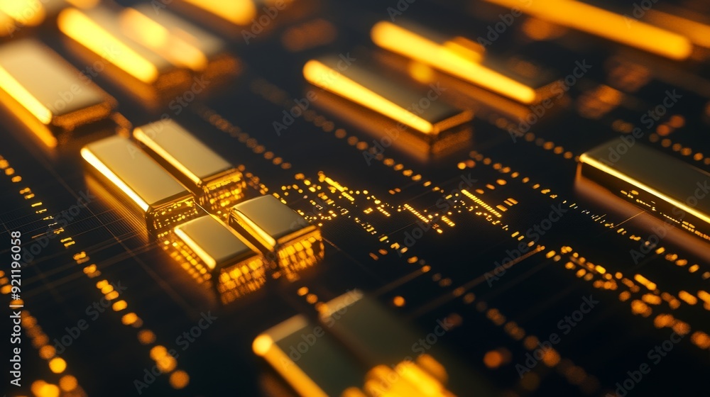 Aufkleber a close-up of a 3d gold bar chart on a digital screen, with gleaming gold bars rising from a grid, r