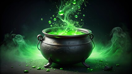 Green potion bubbling in black cauldron, magic, potion, witchcraft, Halloween, brew, creepy, spooky, cauldron, bubbling