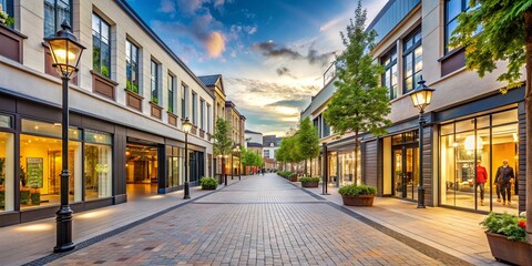 Modern pedestrian street lined with boutique shops, urban, city, sidewalk, shopping, storefront, fashion