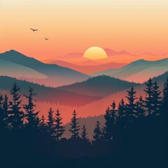 Fototapeta premium Vector landscape, sunset scene in nature with mountains and forest, silhouettes of trees and hills. Beautiful landscape of mountains and wild forest