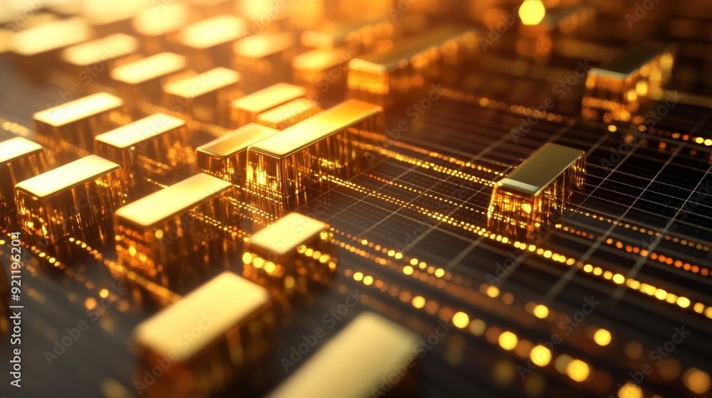 Aufkleber a close-up of a 3d gold bar chart on a digital screen, with gleaming gold bars rising from a grid, r