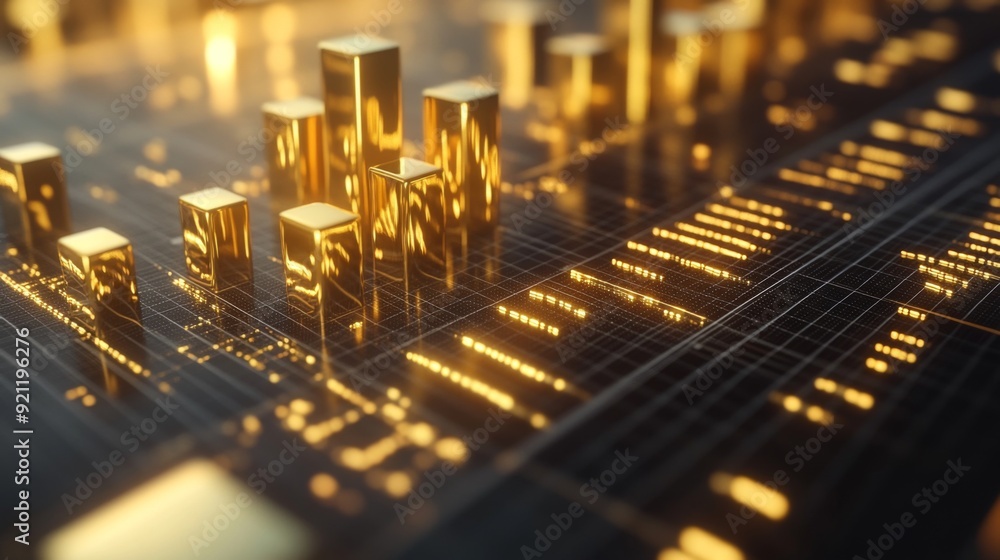 Aufkleber a close-up of a 3d gold bar chart on a digital screen, with gleaming gold bars rising from a grid, r