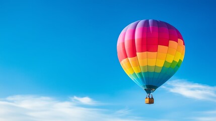 A bright rainbow-colored balloon captured mid-flight against a backdrop of a flawless blue sky